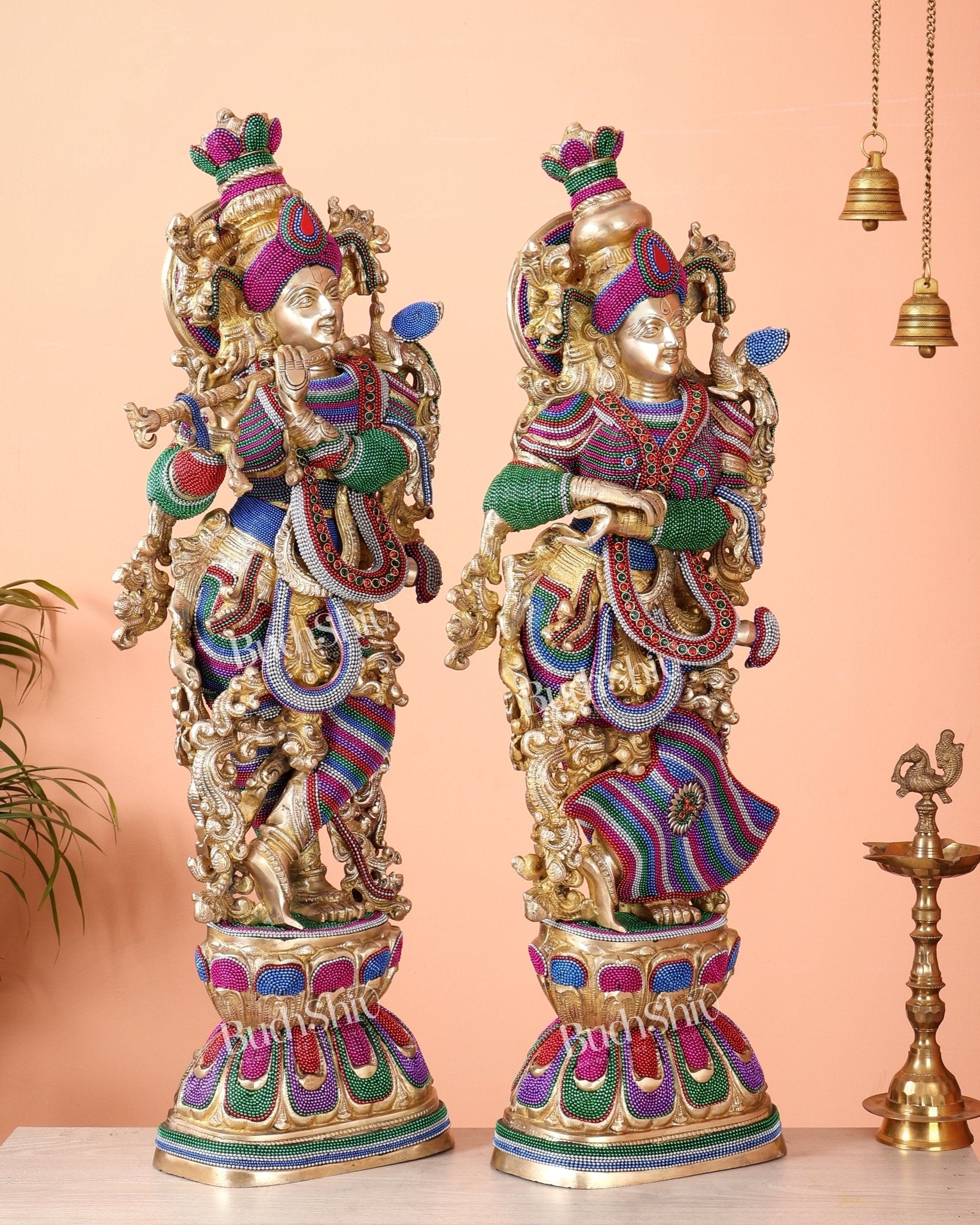 Pure Brass Radha Krishna Statue | 30" Tanjore work - Budhshiv.com