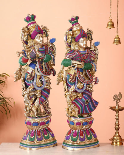 Pure Brass Radha Krishna Statue | 30" Tanjore work - Budhshiv.com