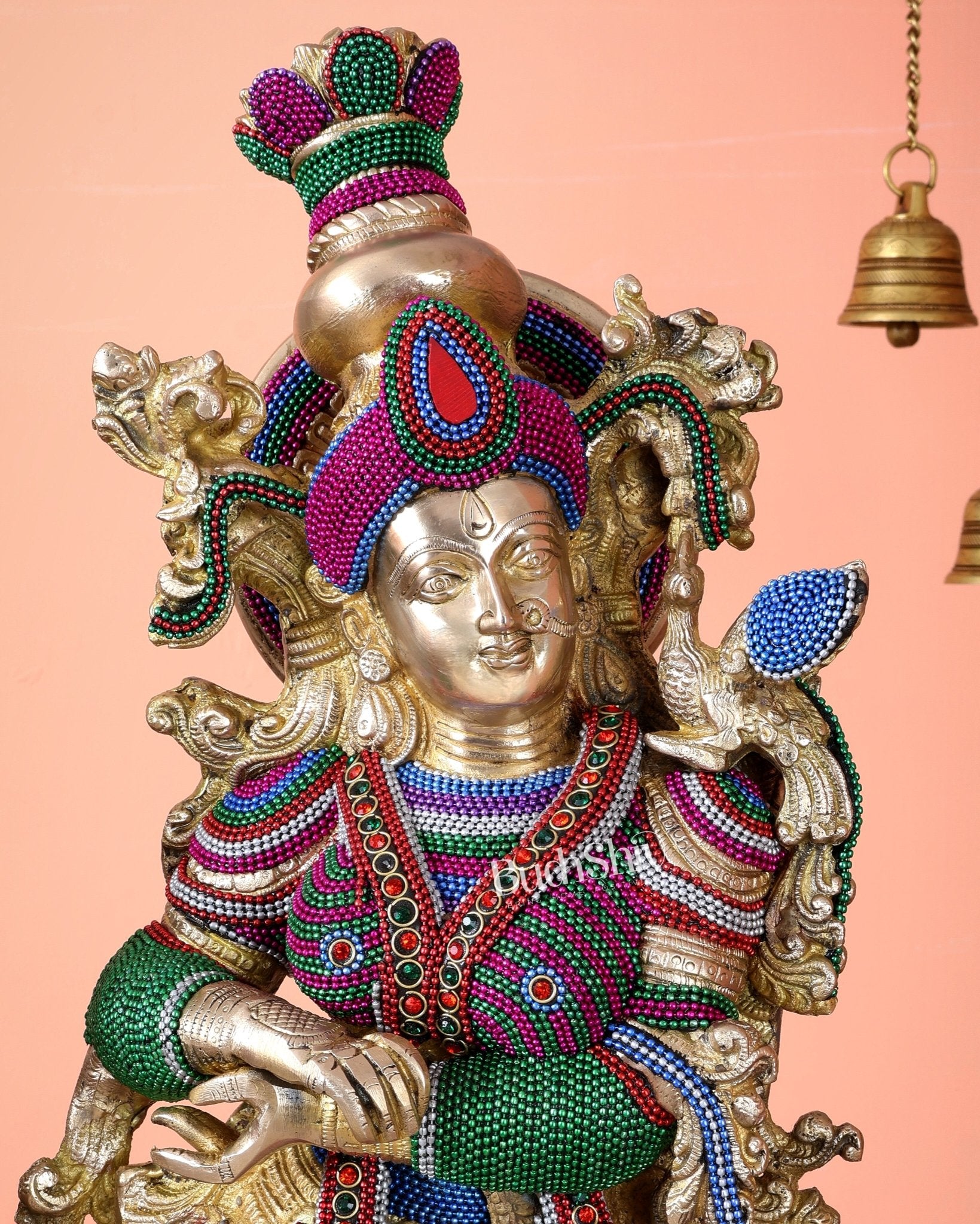 Pure Brass Radha Krishna Statue | 30" Tanjore work - Budhshiv.com