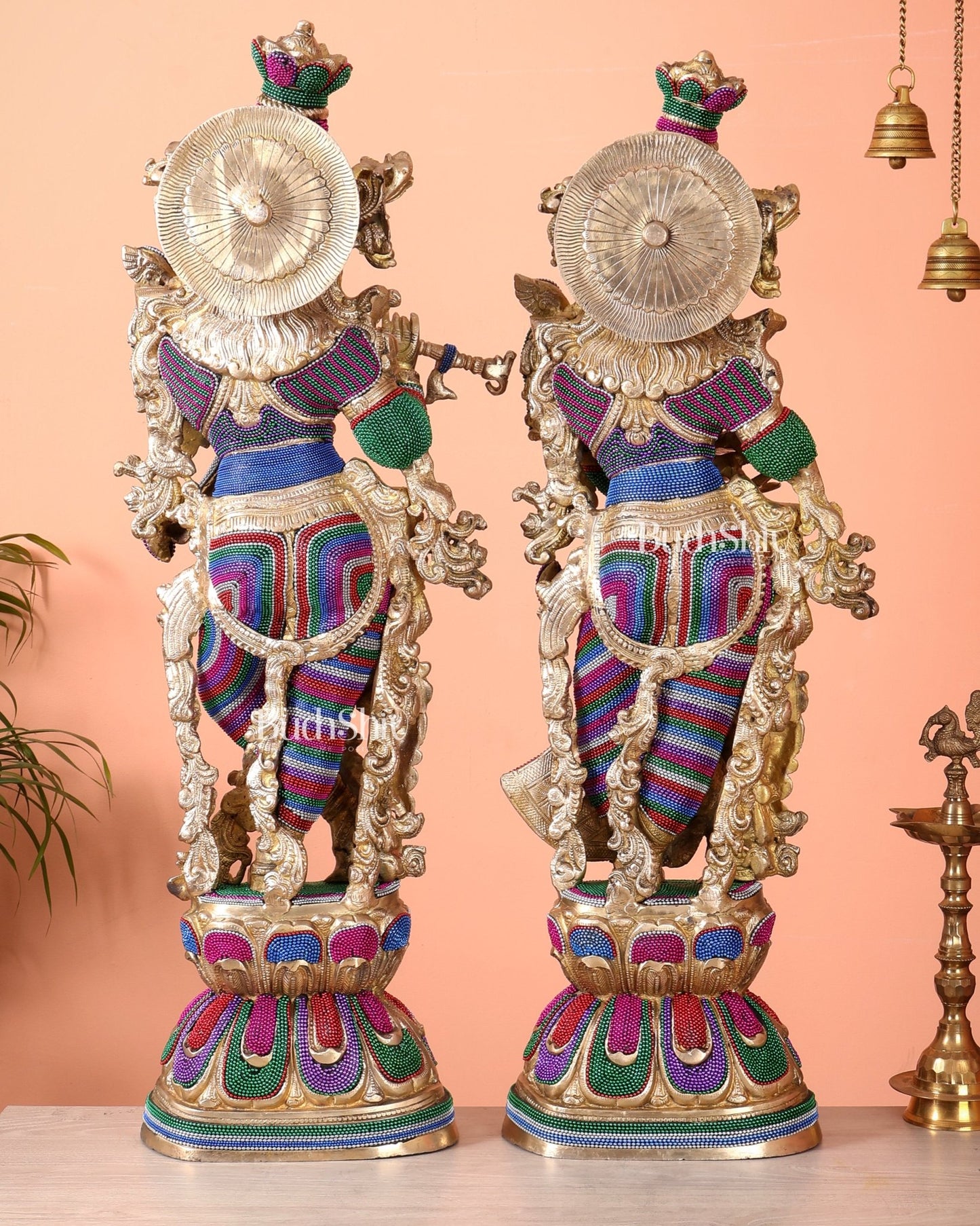 Pure Brass Radha Krishna Statue | 30" Tanjore work - Budhshiv.com