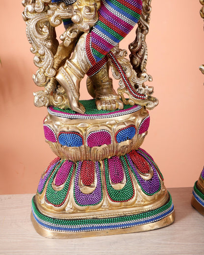 Pure Brass Radha Krishna Statue | 30" Tanjore work - Budhshiv.com