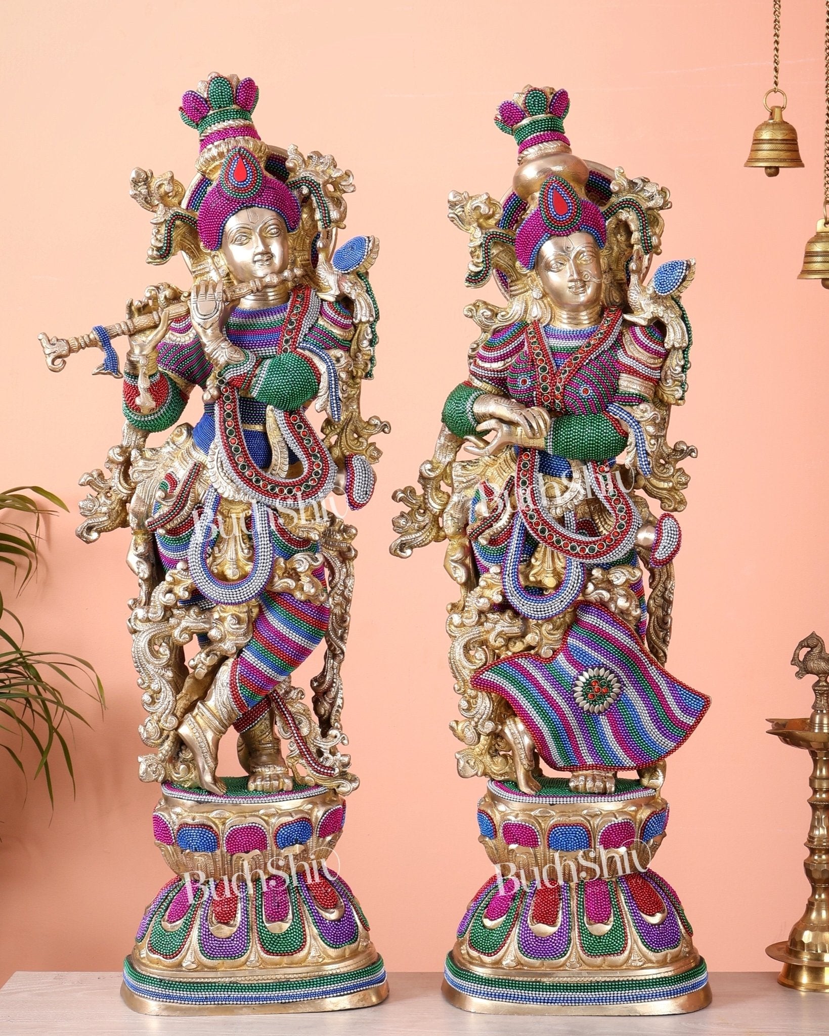 Pure Brass Radha Krishna Statue | 30" Tanjore work - Budhshiv.com