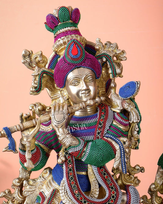 Pure Brass Radha Krishna Statue | 30" Tanjore work - Budhshiv.com