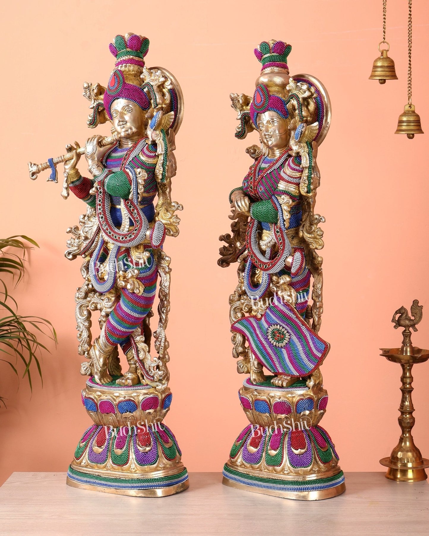 Pure Brass Radha Krishna Statue | 30" Tanjore work - Budhshiv.com
