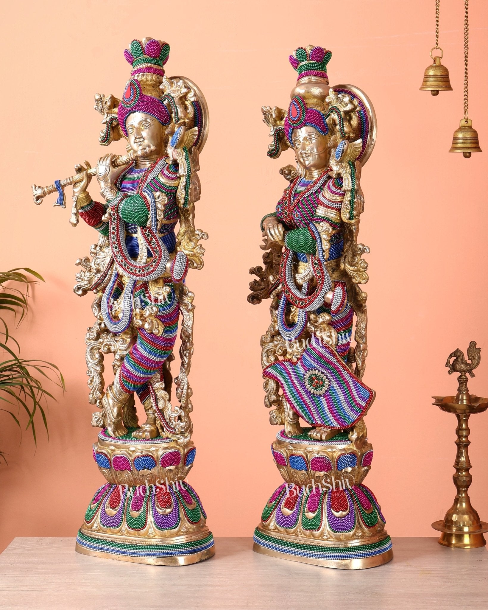 Pure Brass Radha Krishna Statue | 30" Tanjore work - Budhshiv.com