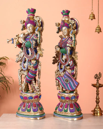 Pure Brass Radha Krishna Statue | 30" Tanjore work - Budhshiv.com