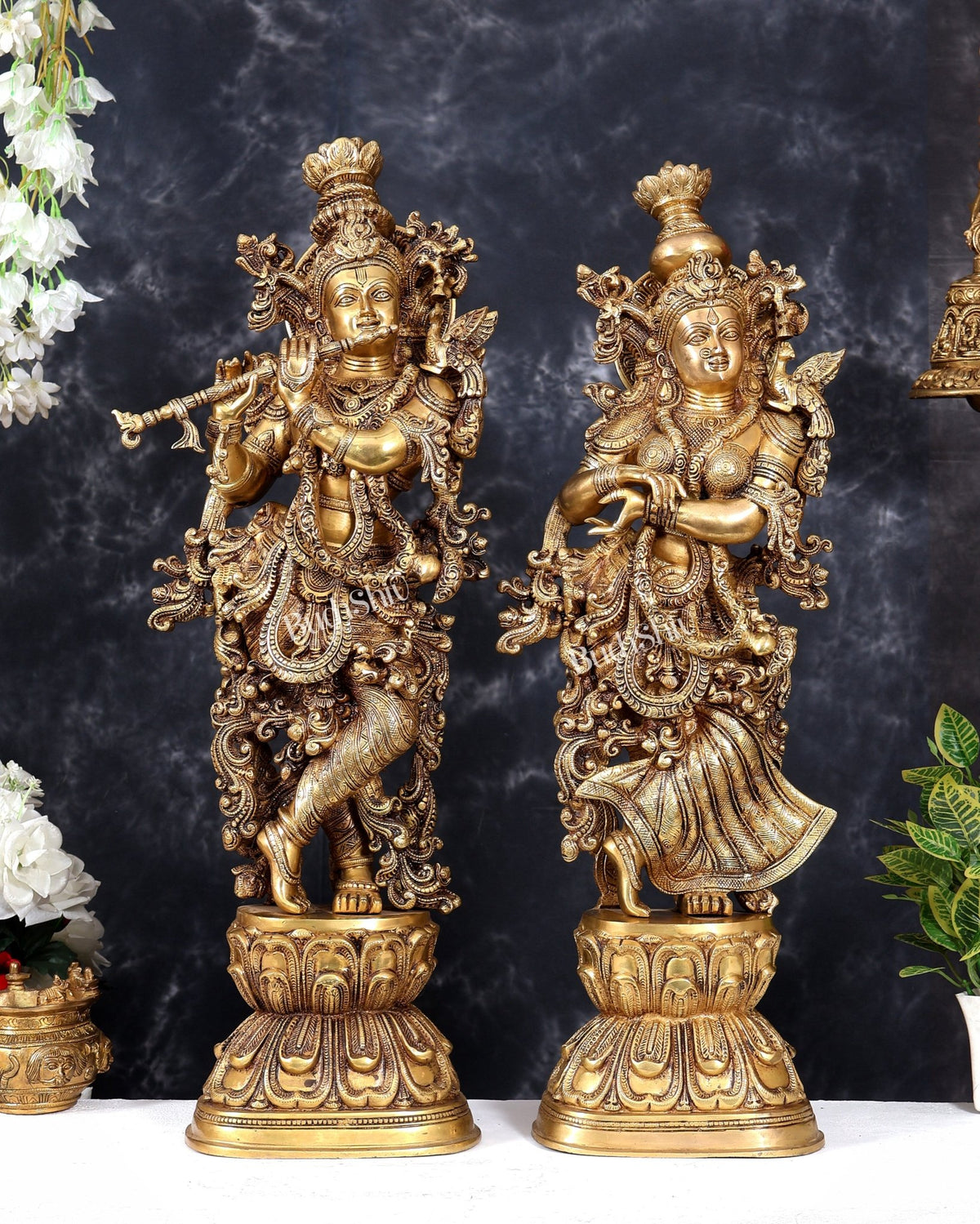 Pure Brass Radha Krishna Statue antique 30 inch idols enhanced carvings - Budhshiv.com