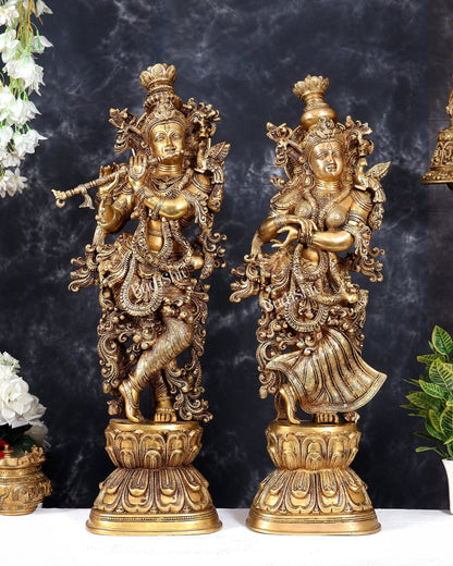 Pure Brass Radha Krishna Statue antique 30 inch idols enhanced carvings - Budhshiv.com