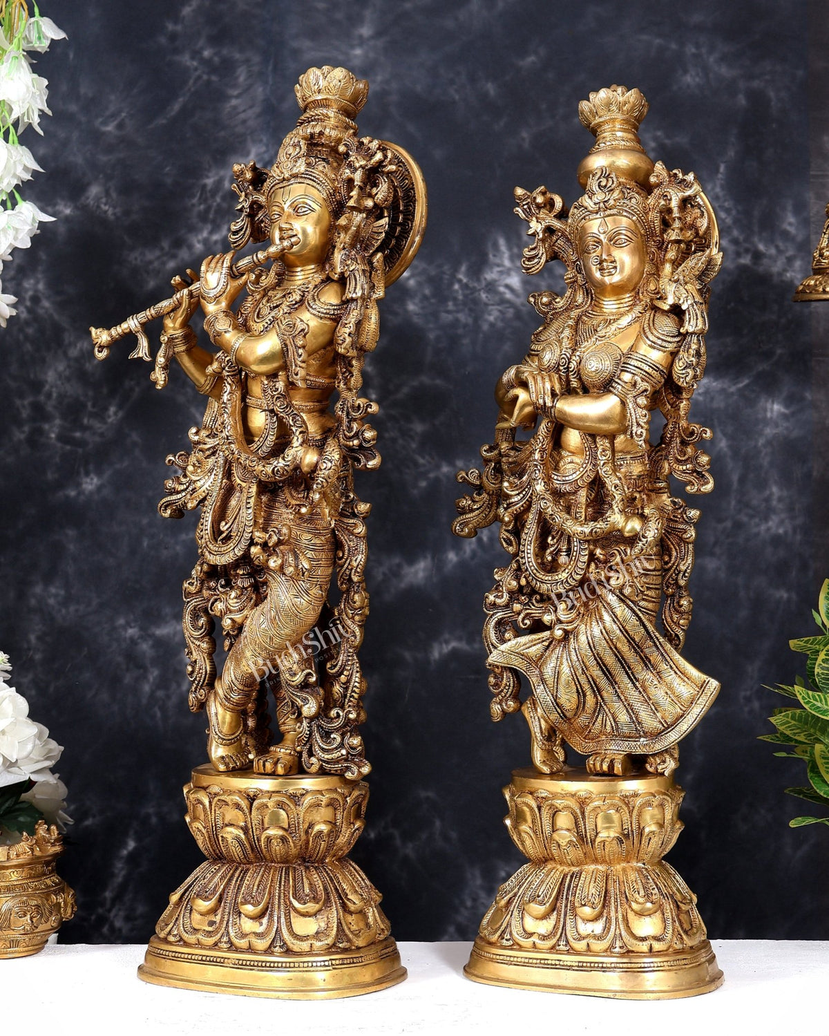 Pure Brass Radha Krishna Statue antique 30 inch idols enhanced carvings - Budhshiv.com