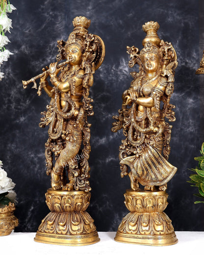 Pure Brass Radha Krishna Statue antique 30 inch idols enhanced carvings - Budhshiv.com