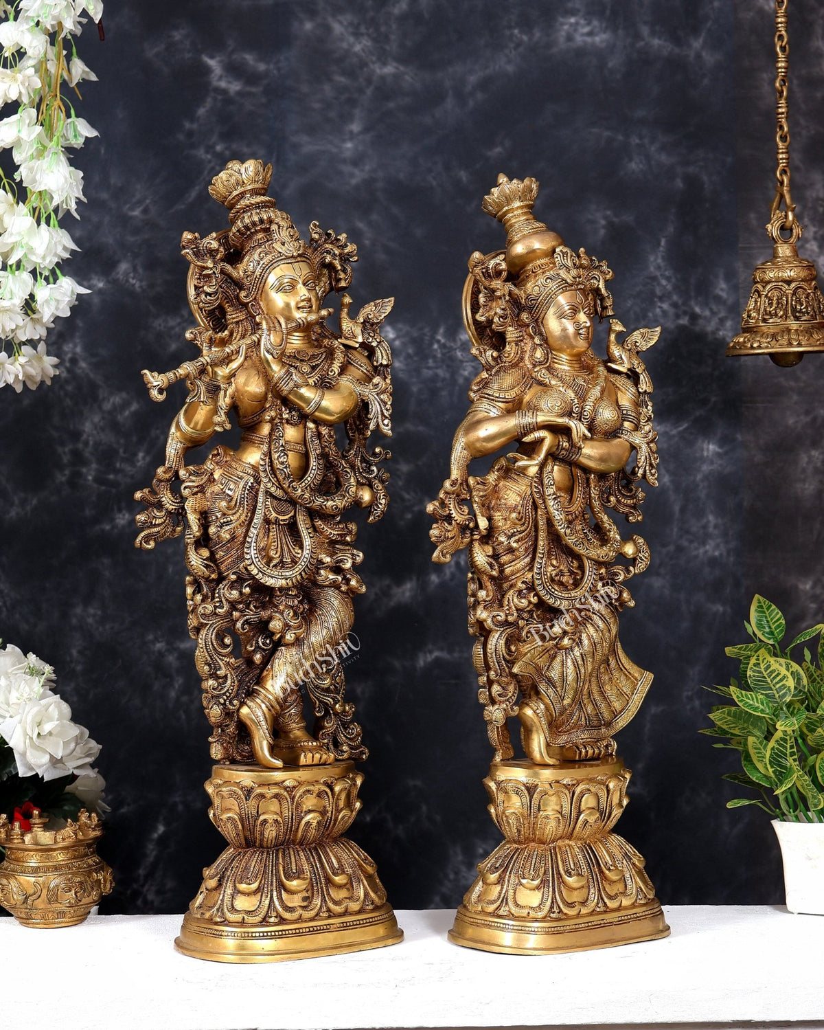 Pure Brass Radha Krishna Statue antique 30 inch idols enhanced carvings - Budhshiv.com