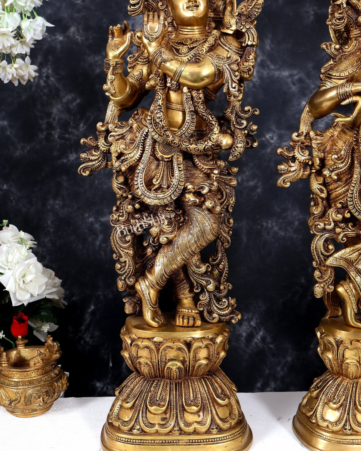 Pure Brass Radha Krishna Statue antique 30 inch idols enhanced carvings - Budhshiv.com