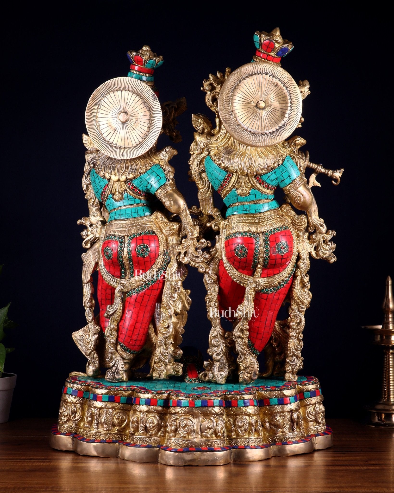 Pure Brass Radha Krishna statue meenakari Stonework– 29" - Budhshiv.com
