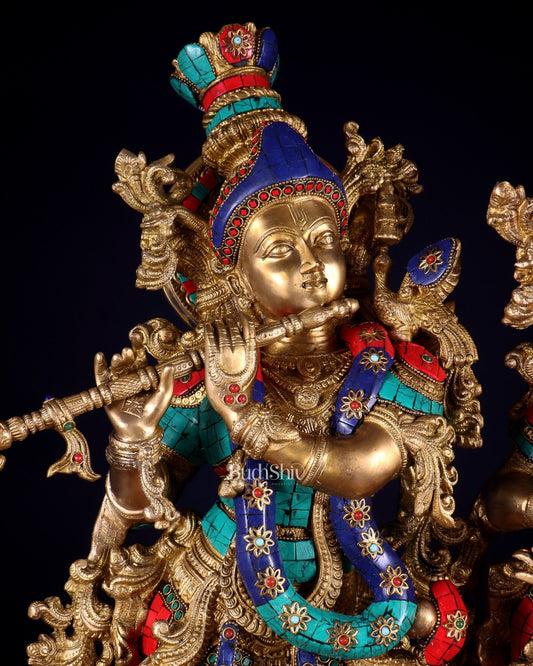 Pure Brass Radha Krishna statue meenakari Stonework– 29" - Budhshiv.com