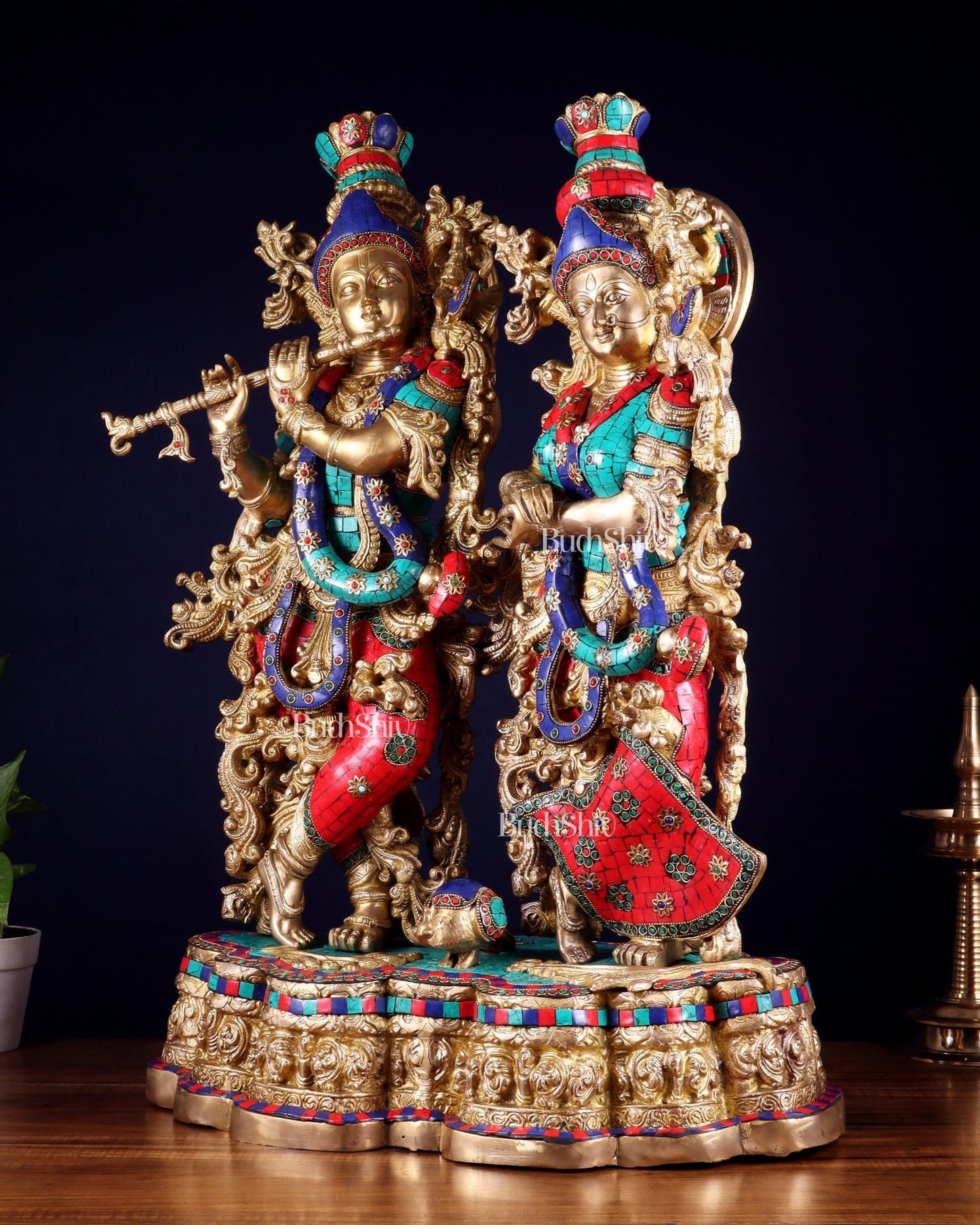 Pure Brass Radha Krishna statue meenakari Stonework– 29" - Budhshiv.com