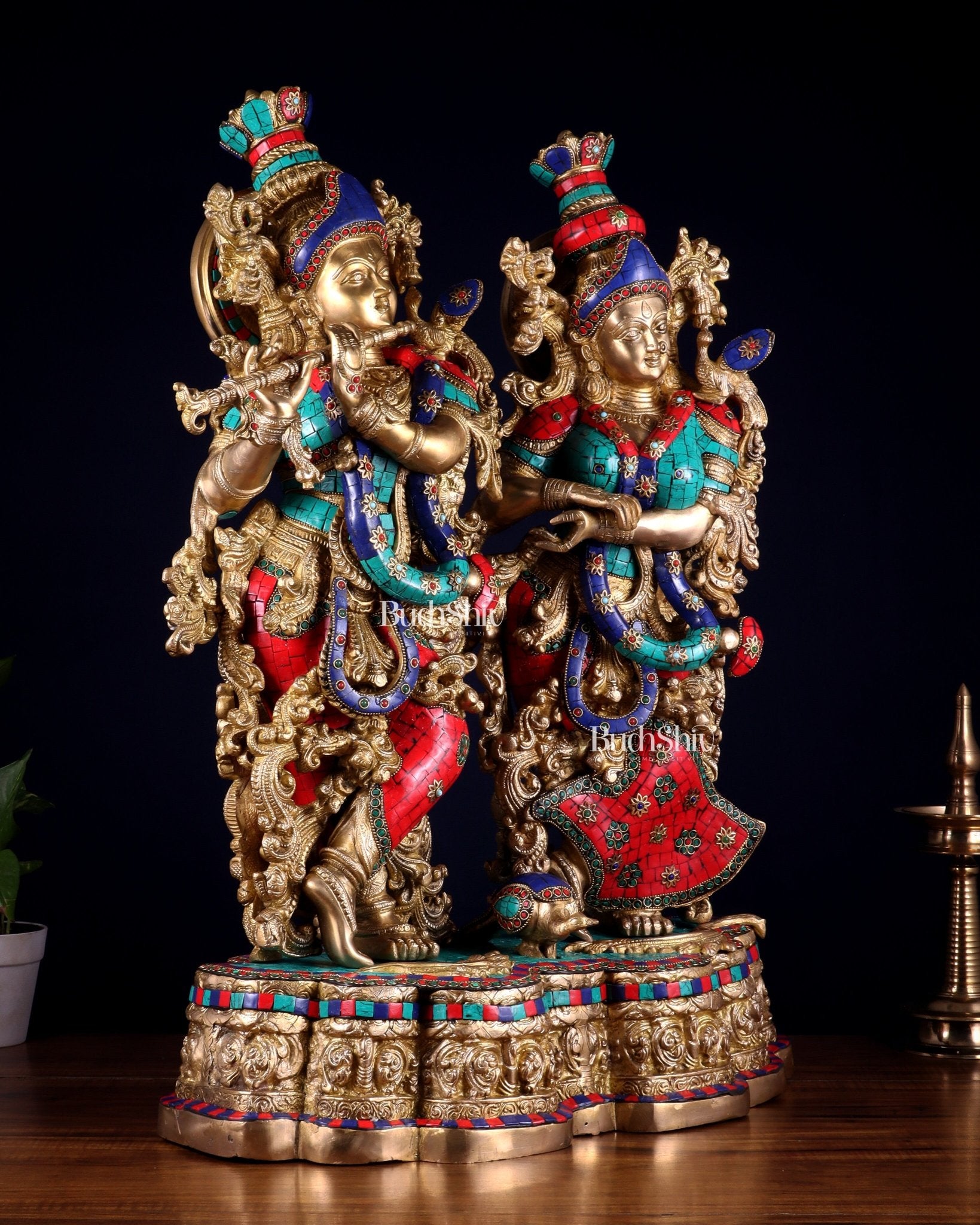 Pure Brass Radha Krishna statue meenakari Stonework– 29" - Budhshiv.com