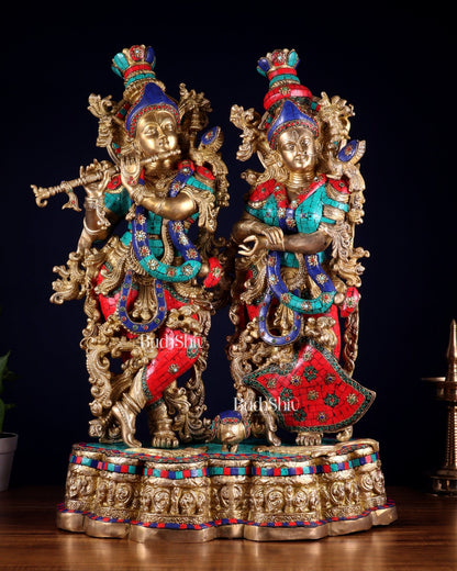 Pure Brass Radha Krishna statue meenakari Stonework– 29" - Budhshiv.com