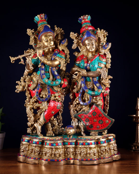 Pure Brass Radha Krishna statue meenakari Stonework– 29" - Budhshiv.com