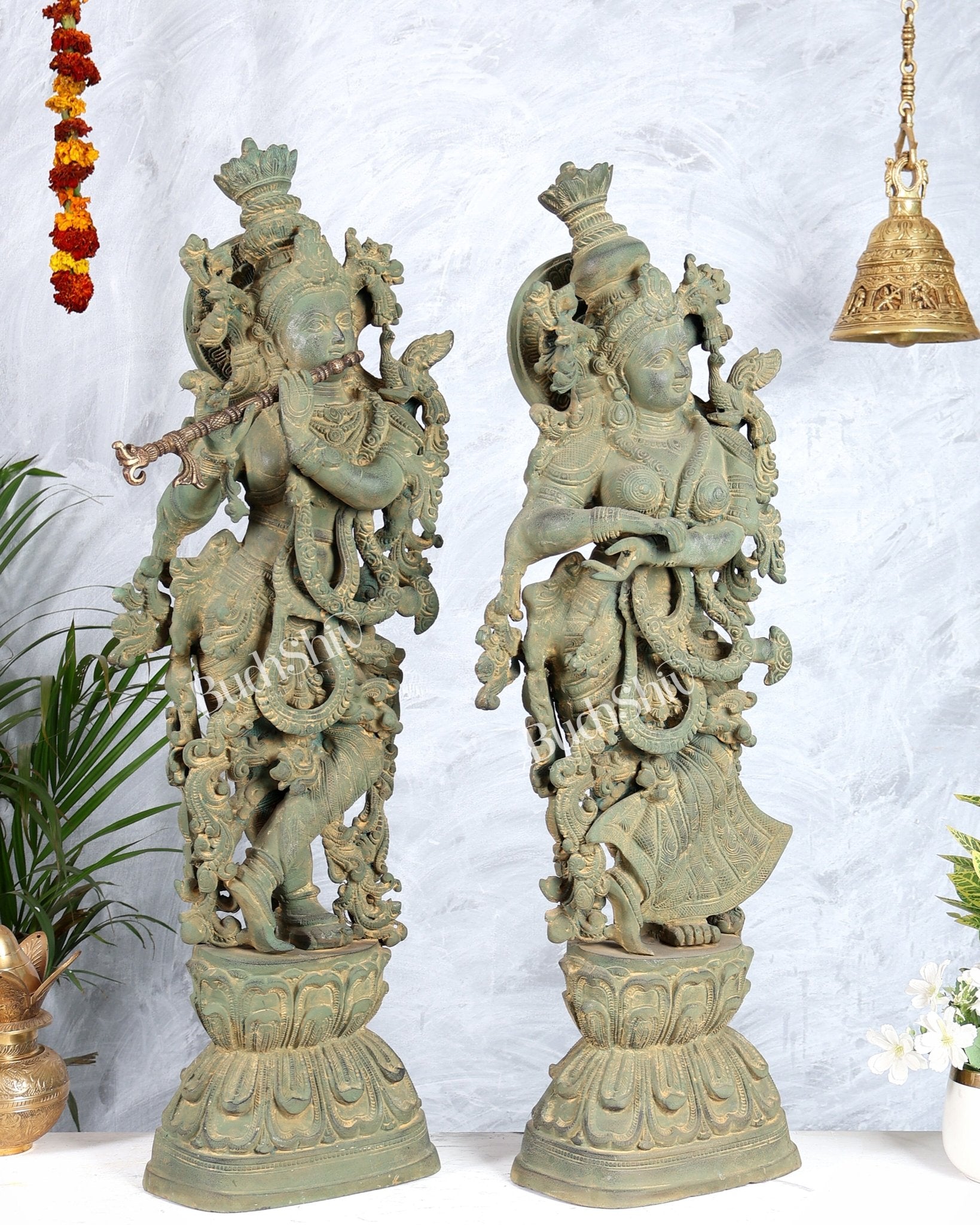 Pure Brass Radha Krishna Statue with Vintage Rustic Green Patina Finish 30 inch - Budhshiv.com