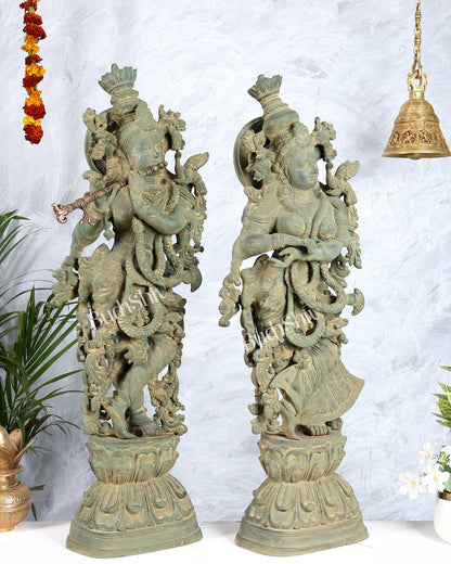 Pure Brass Radha Krishna Statue with Vintage Rustic Green Patina Finish 30 inch - Budhshiv.com