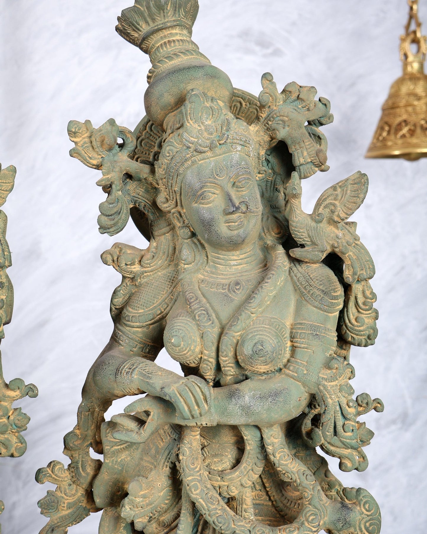 Pure Brass Radha Krishna Statue with Vintage Rustic Green Patina Finish 30 inch - Budhshiv.com