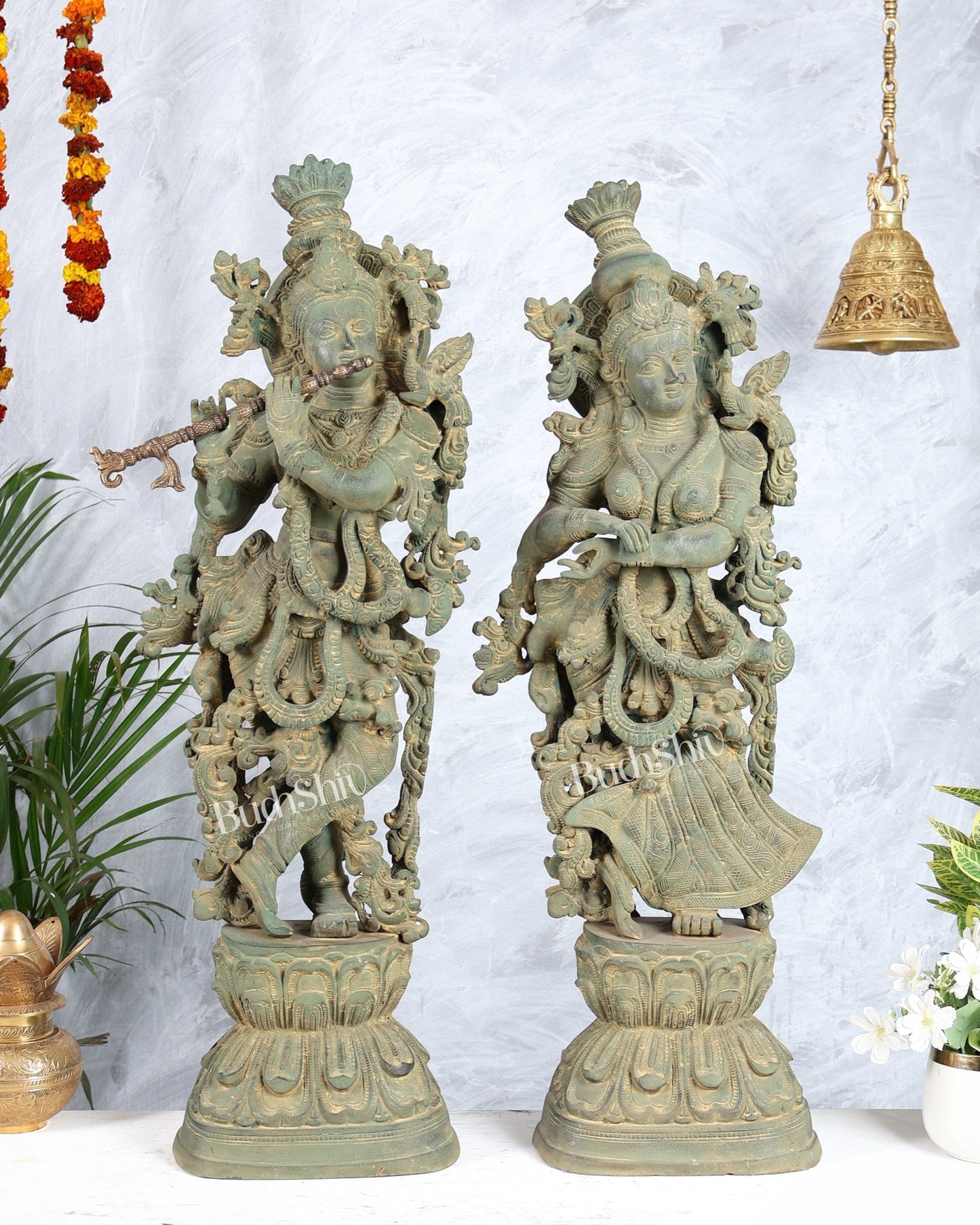 Pure Brass Radha Krishna Statue with Vintage Rustic Green Patina Finish 30 inch - Budhshiv.com