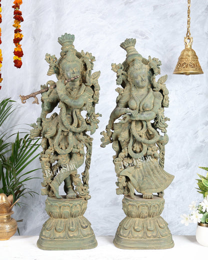 Pure Brass Radha Krishna Statue with Vintage Rustic Green Patina Finish 30 inch - Budhshiv.com