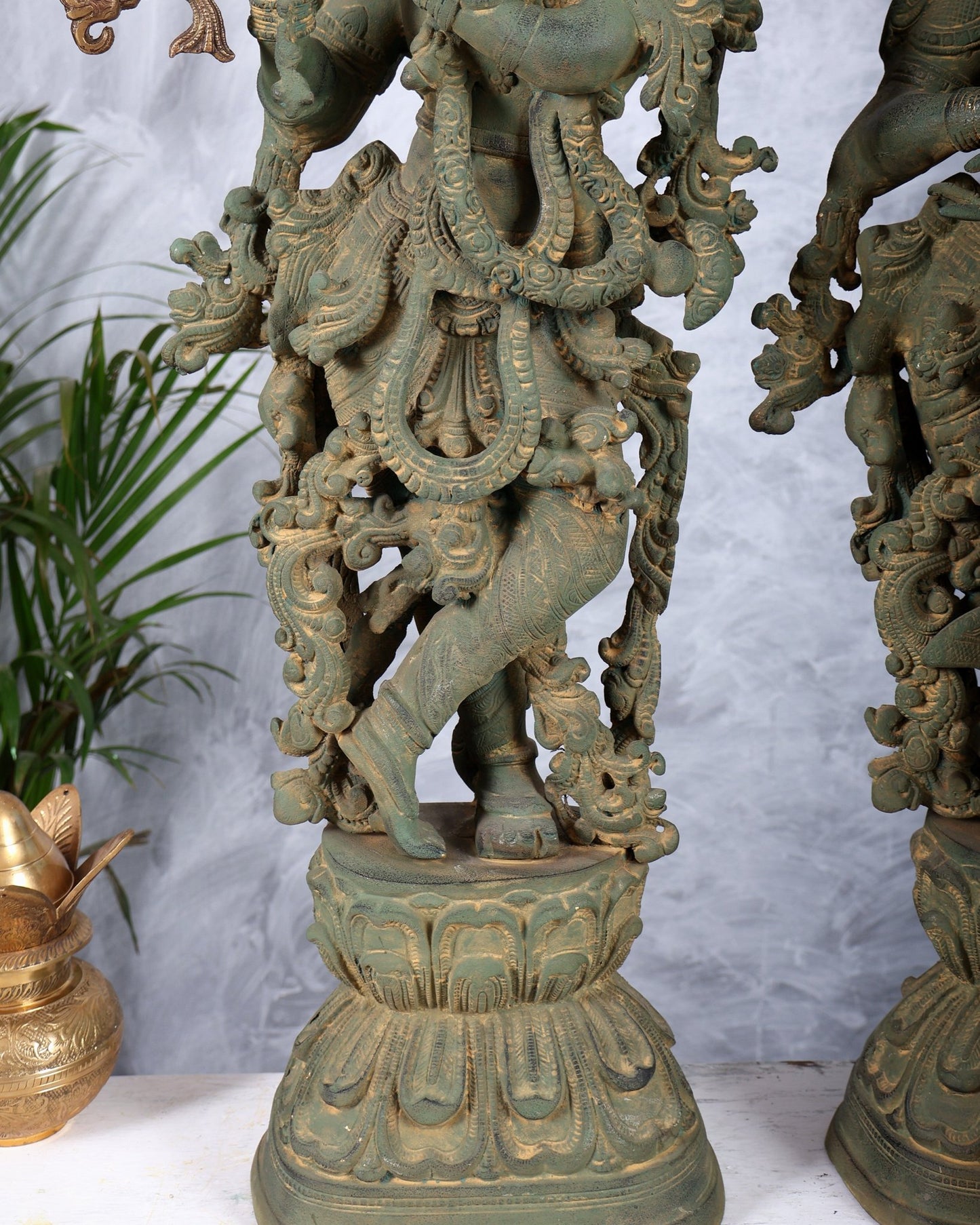 Pure Brass Radha Krishna Statue with Vintage Rustic Green Patina Finish 30 inch - Budhshiv.com