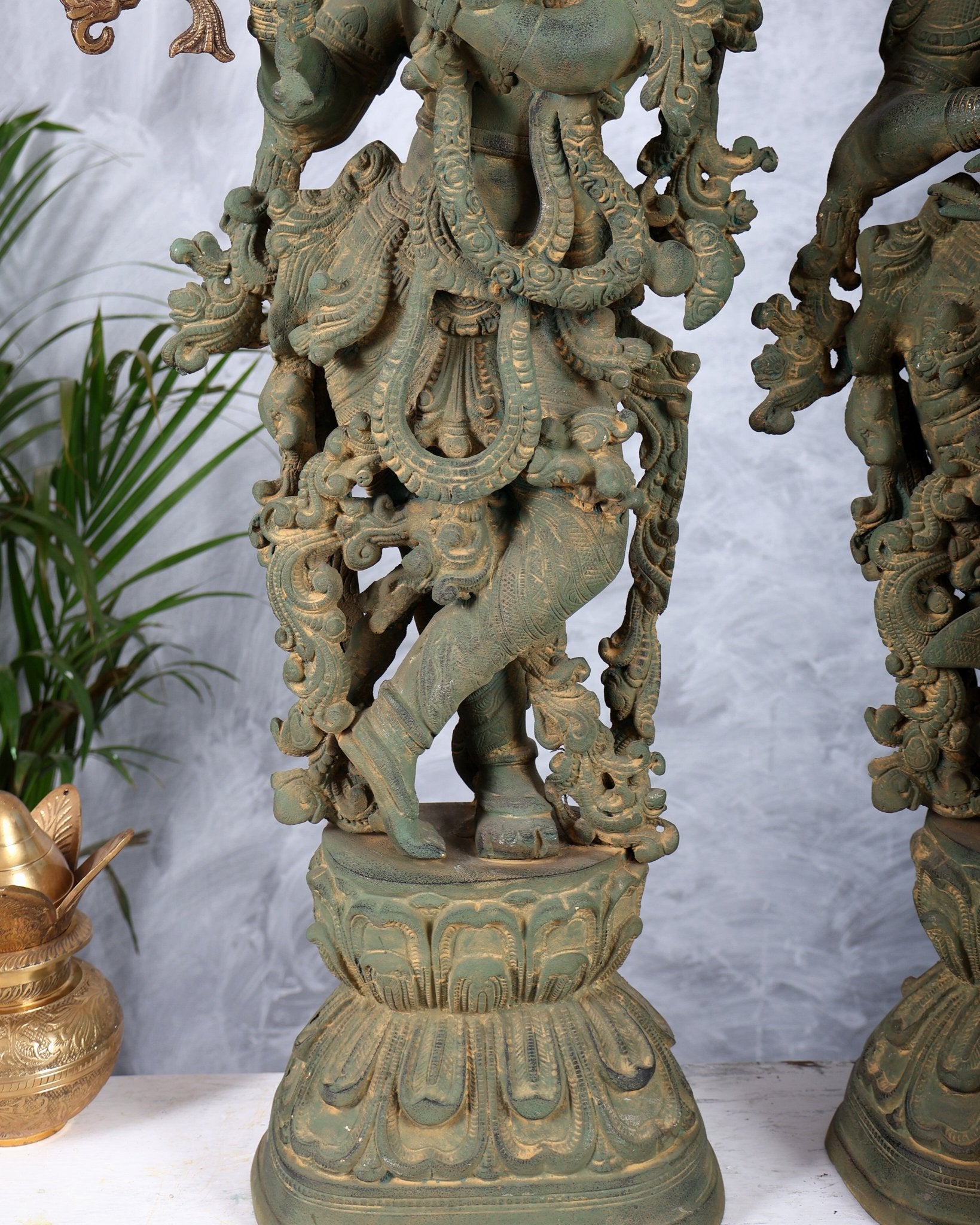 Pure Brass Radha Krishna Statue with Vintage Rustic Green Patina Finish 30 inch - Budhshiv.com