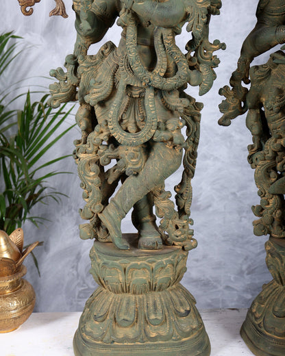 Pure Brass Radha Krishna Statue with Vintage Rustic Green Patina Finish 30 inch - Budhshiv.com