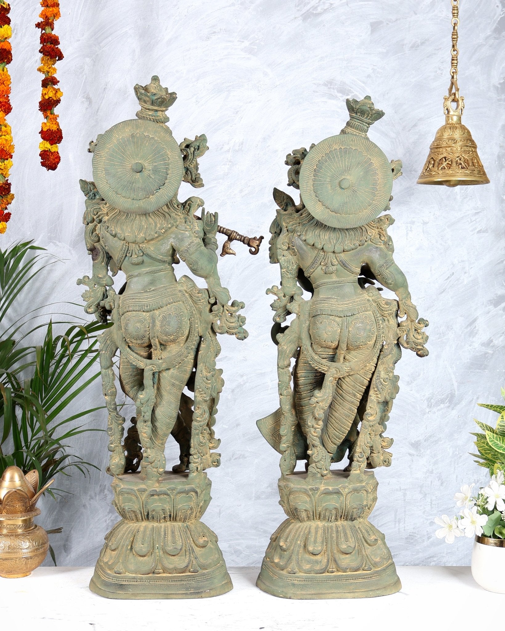 Pure Brass Radha Krishna Statue with Vintage Rustic Green Patina Finish 30 inch - Budhshiv.com