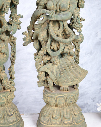 Pure Brass Radha Krishna Statue with Vintage Rustic Green Patina Finish 30 inch - Budhshiv.com