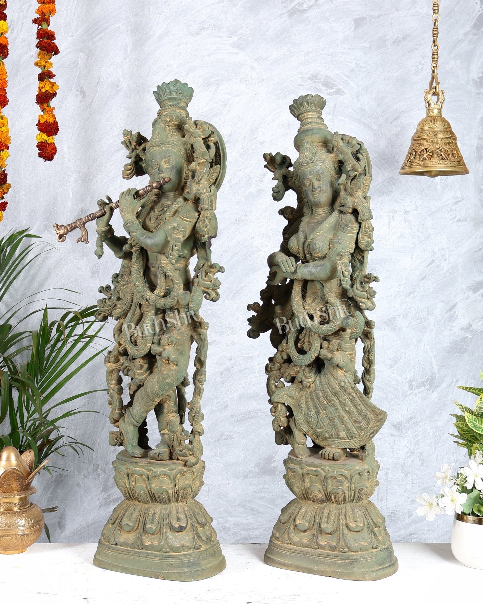 Pure Brass Radha Krishna Statue with Vintage Rustic Green Patina Finish 30 inch - Budhshiv.com