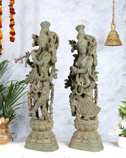 Pure Brass Radha Krishna Statue with Vintage Rustic Green Patina Finish 30 inch - Budhshiv.com