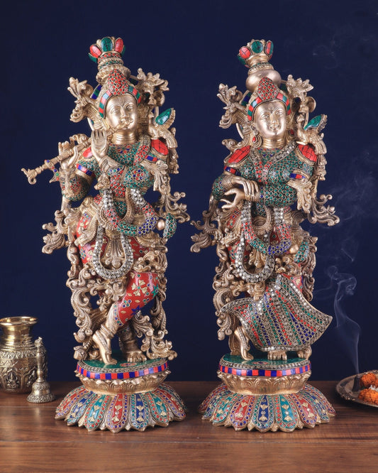 Pure Brass Radha Krishna Statues on lotus base with Intricate Stonework – 27 Inch - Budhshiv.com