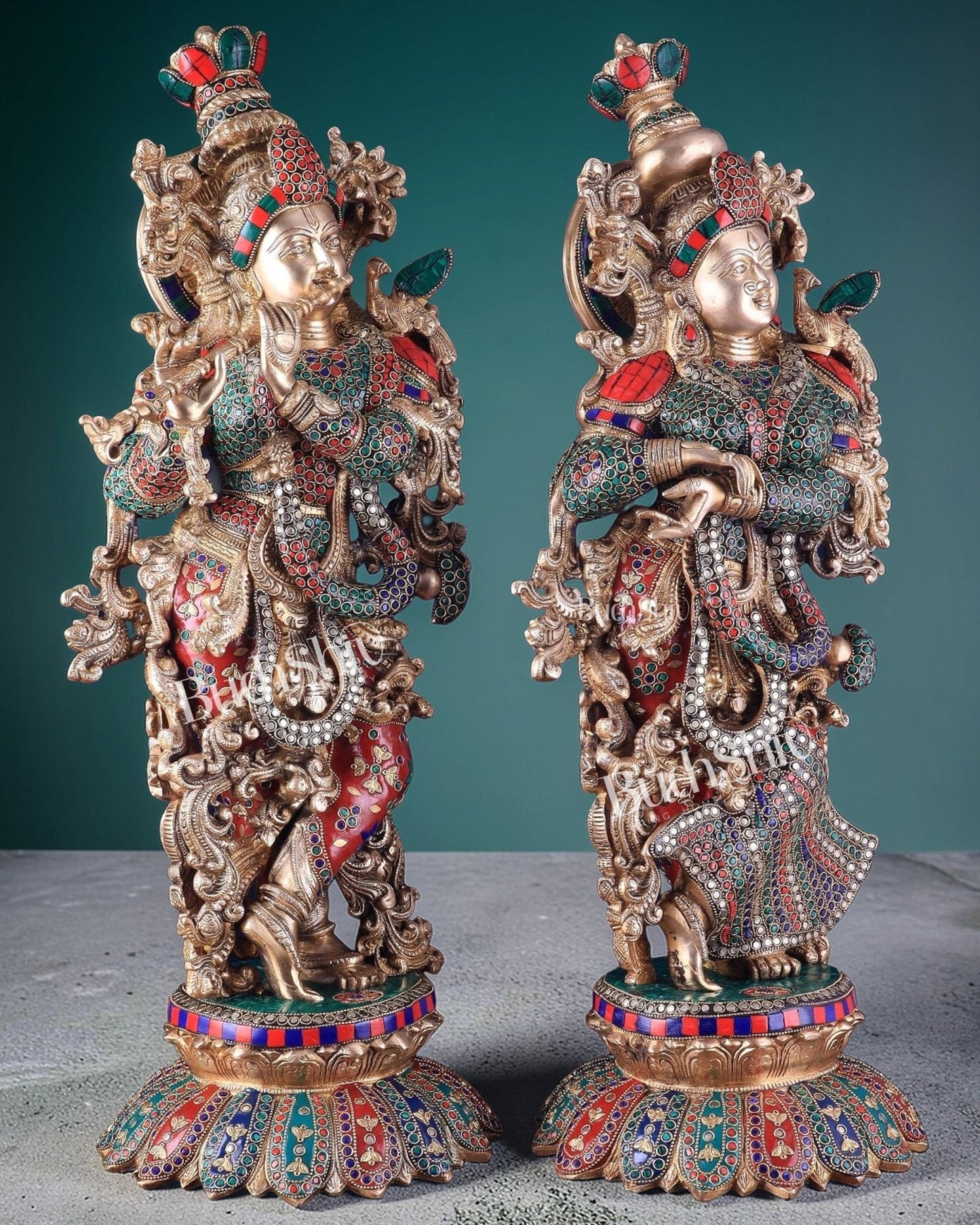 Pure Brass Radha Krishna Statues on lotus base with Intricate Stonework – 27 Inch - Budhshiv.com