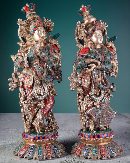 Pure Brass Radha Krishna Statues on lotus base with Intricate Stonework – 27 Inch - Budhshiv.com