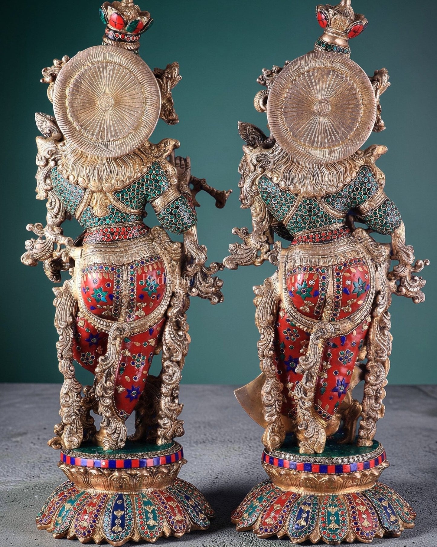 Pure Brass Radha Krishna Statues on lotus base with Intricate Stonework – 27 Inch - Budhshiv.com