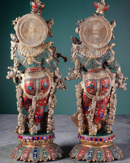 Pure Brass Radha Krishna Statues on lotus base with Intricate Stonework – 27 Inch - Budhshiv.com