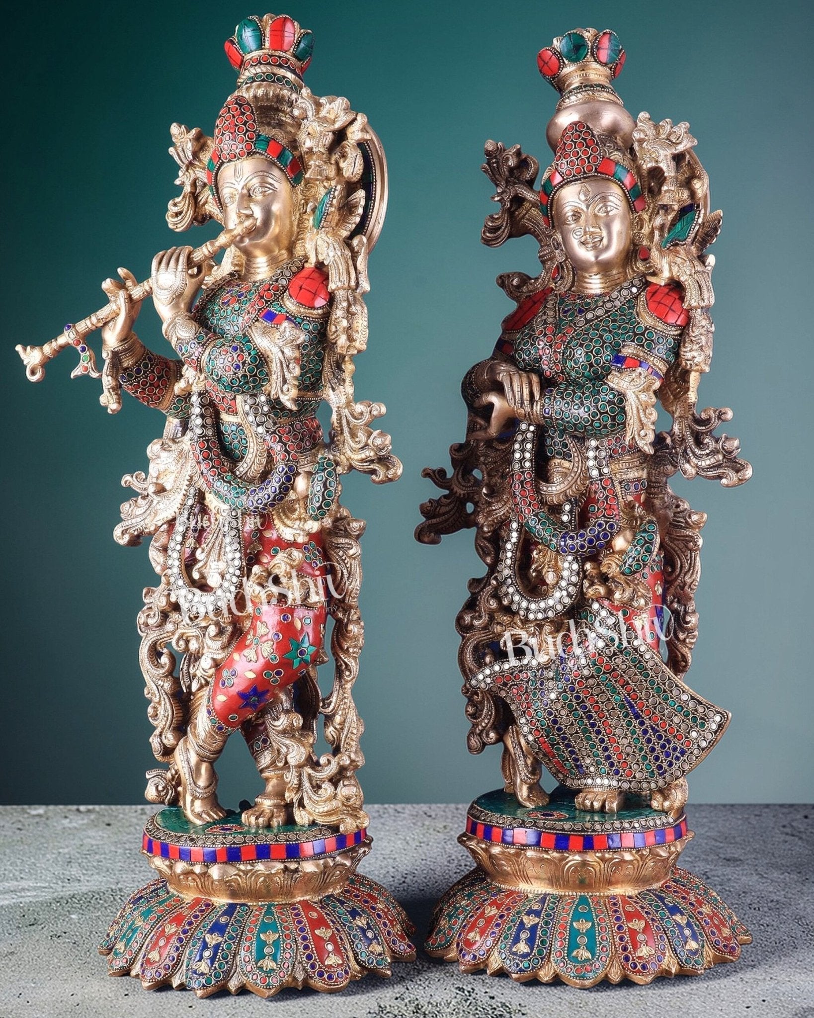 Pure Brass Radha Krishna Statues on lotus base with Intricate Stonework – 27 Inch - Budhshiv.com