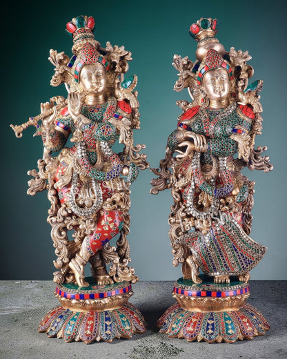 Pure Brass Radha Krishna Statues on lotus base with Intricate Stonework – 27 Inch - Budhshiv.com