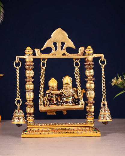 Pure Brass Radha Krishna Swing Idol - 10" laakh meenakari - Budhshiv.com