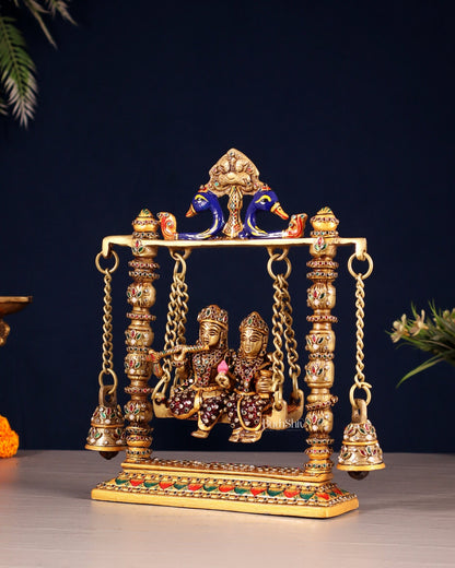 Pure Brass Radha Krishna Swing Idol - 10" laakh meenakari - Budhshiv.com