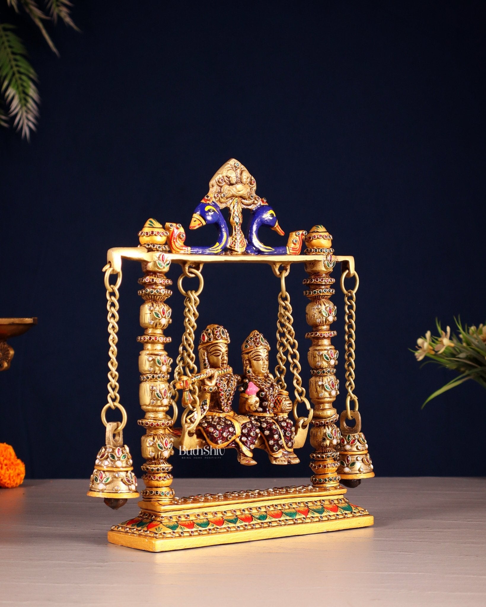 Pure Brass Radha Krishna Swing Idol - 10" laakh meenakari - Budhshiv.com