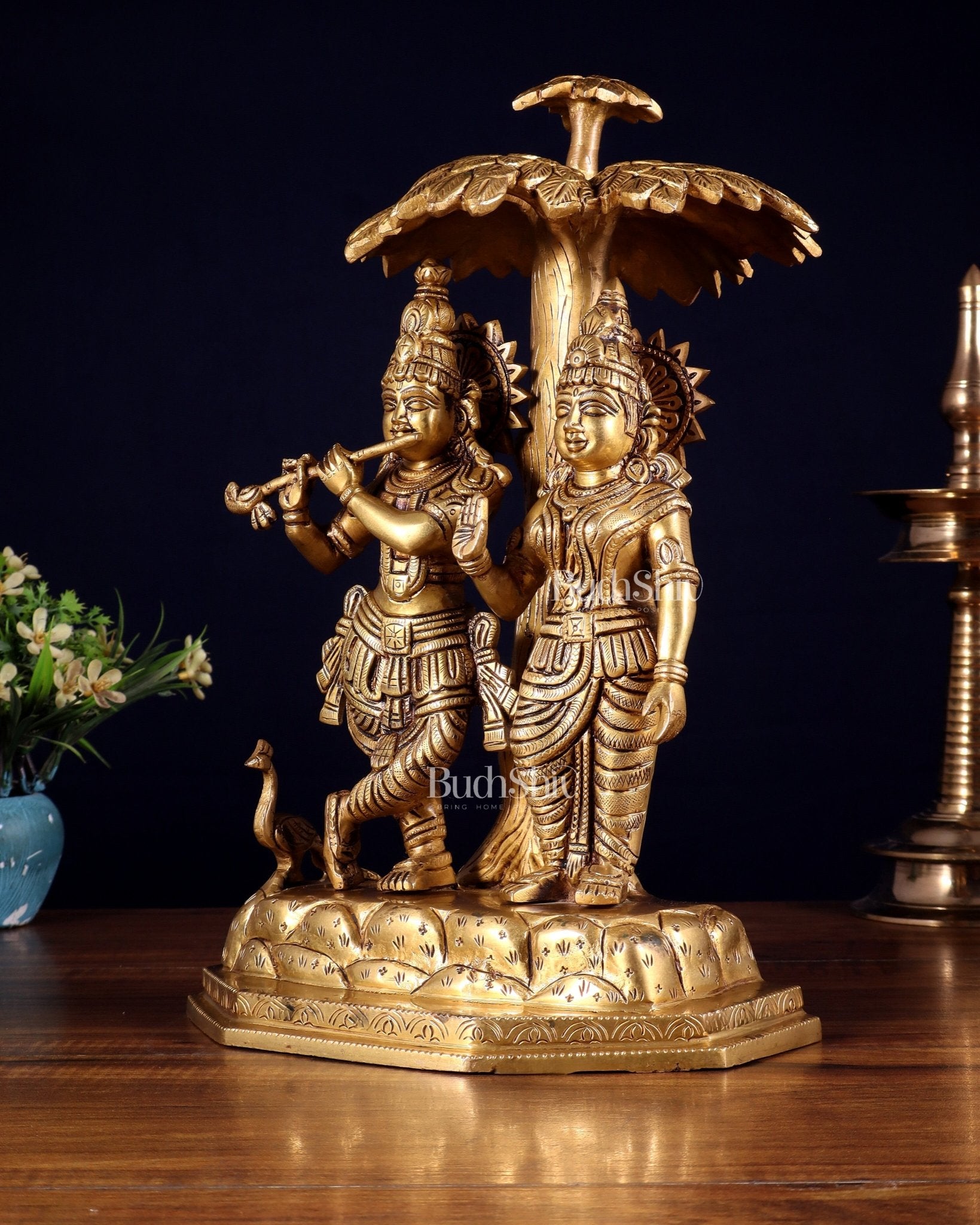 Pure Brass Radha Krishna Under Tree Idol - Height 13" - Budhshiv.com