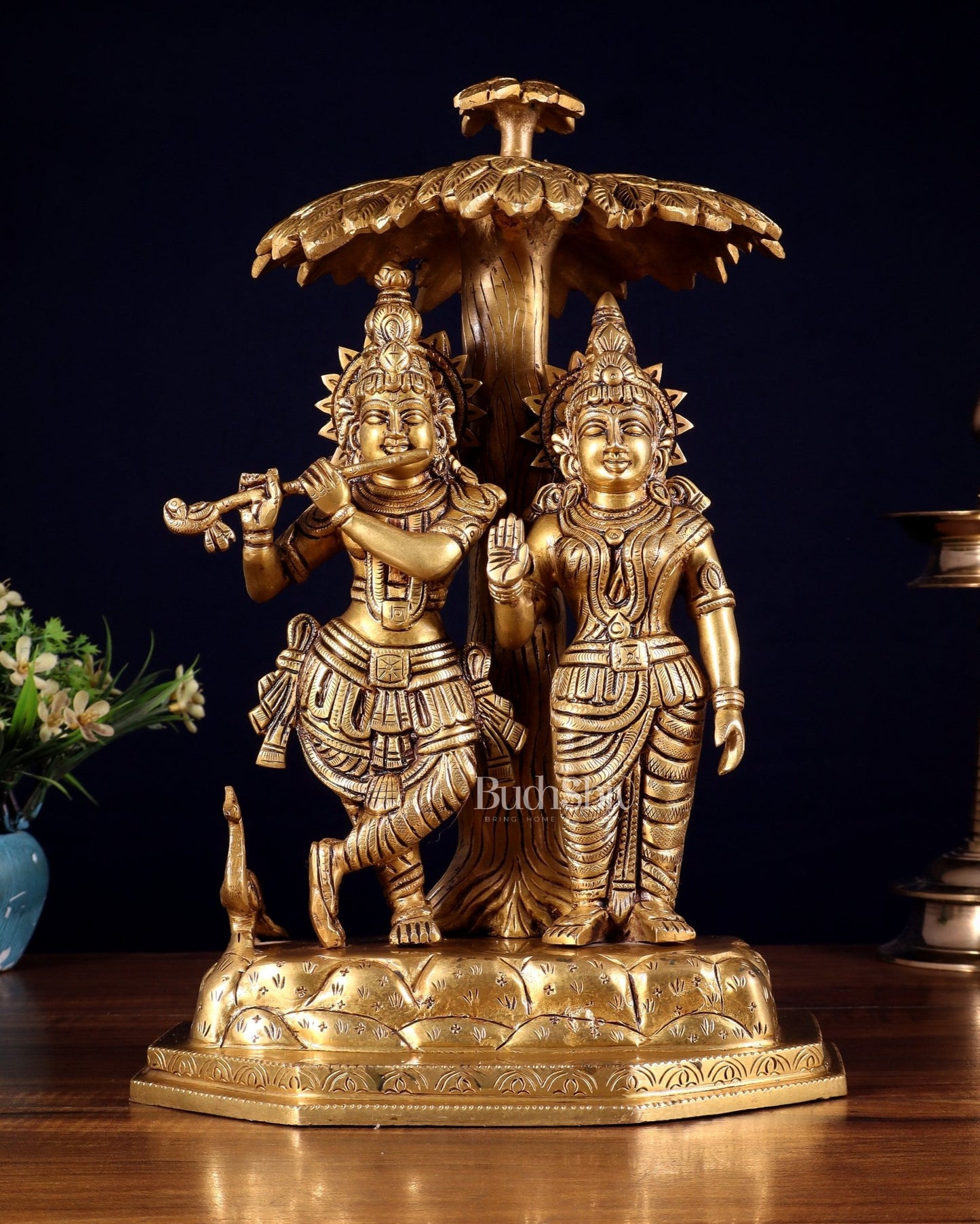 Pure Brass Radha Krishna Under Tree Idol - Height 13" - Budhshiv.com