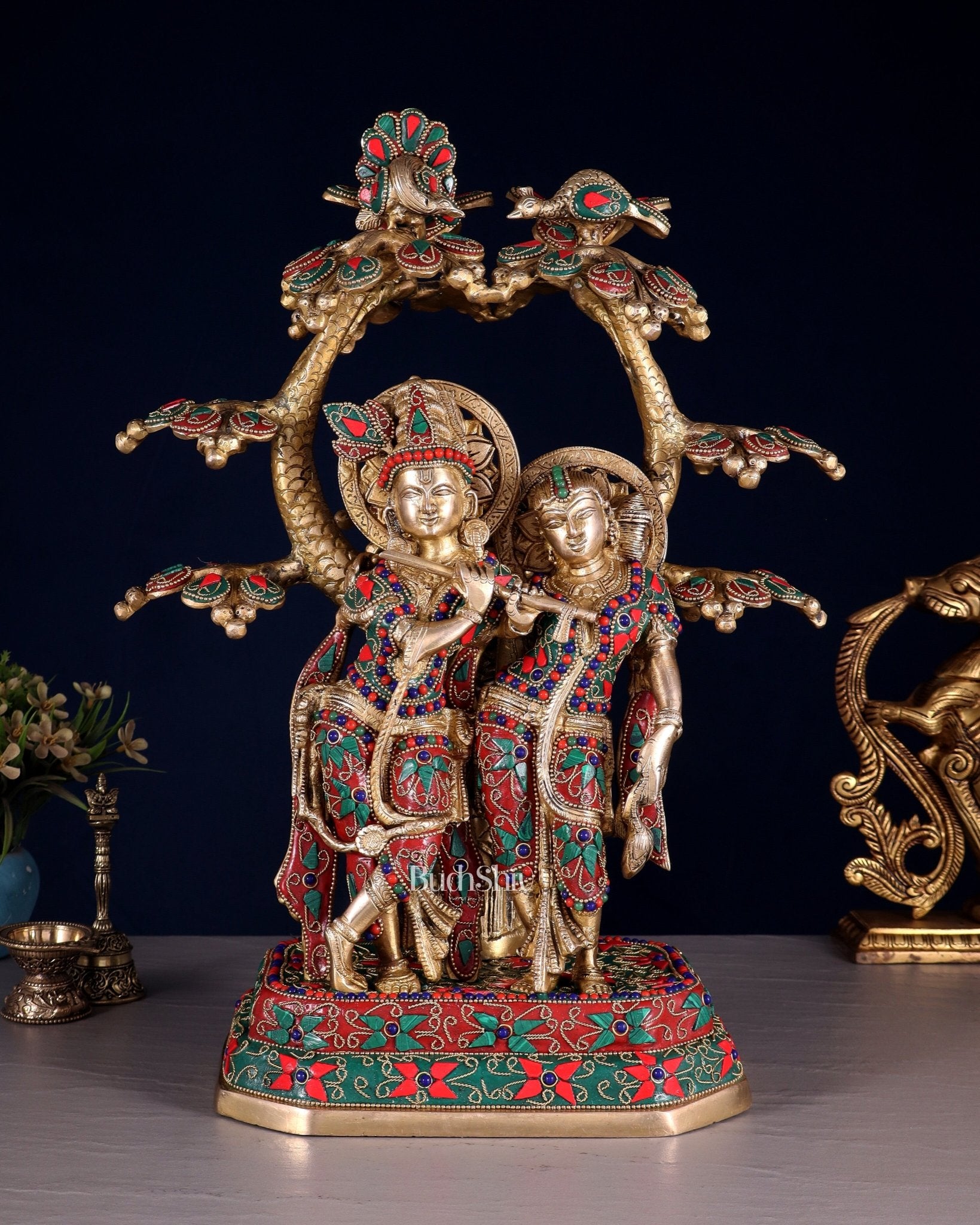 Pure Brass Radha Krishna Under Tree Statue floral Stonework 16" - Budhshiv.com
