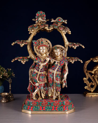 Pure Brass Radha Krishna Under Tree Statue floral Stonework 16" - Budhshiv.com