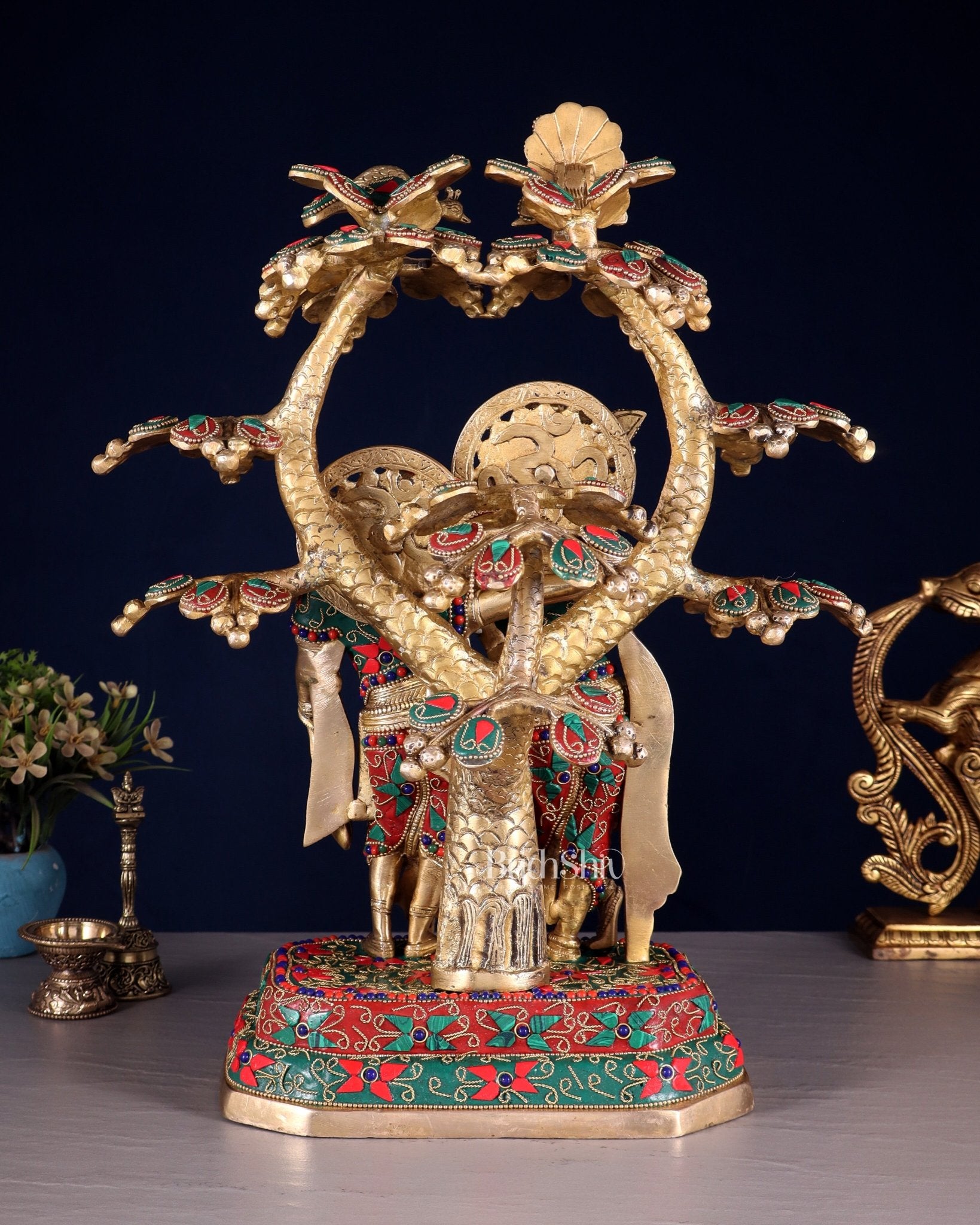 Pure Brass Radha Krishna Under Tree Statue floral Stonework 16" - Budhshiv.com