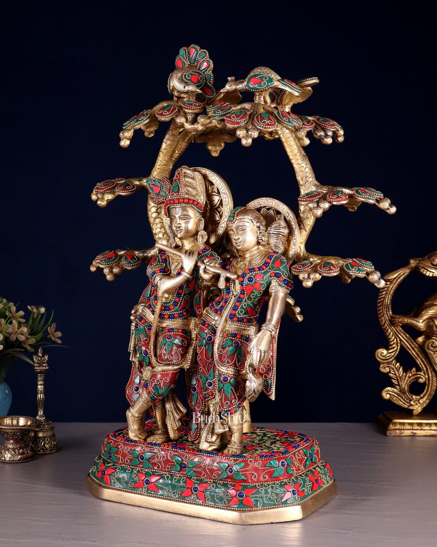 Pure Brass Radha Krishna Under Tree Statue floral Stonework 16" - Budhshiv.com